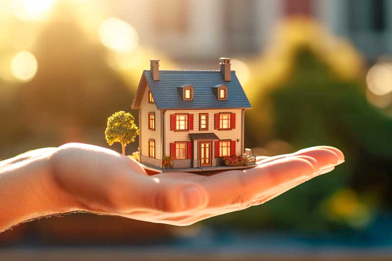 A person holds a small house in their hand, symbolizing a lighthouse home selling solution for prospective buyers.