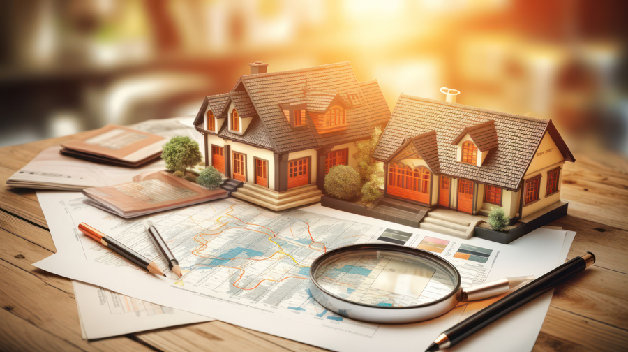 A house model and magnifying glass on a table, symbolizing real estate analysis in Salt Lake City with Lighthouse Home Selling Solution